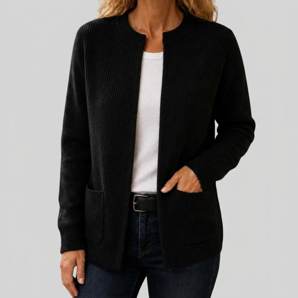 Women's Ribbed Black Cardigan with Split Neckline and Patch Pockets 1