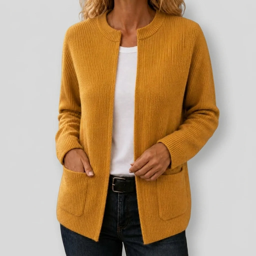 Women's Ribbed Black Cardigan with Split Neckline and Patch Pockets 2