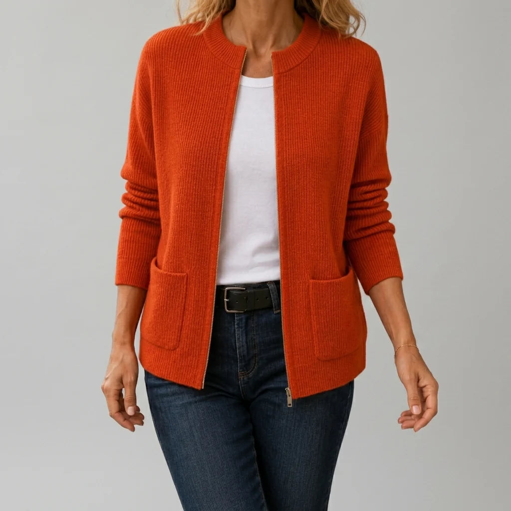 Women's Ribbed Black Cardigan with Split Neckline and Patch Pockets 3
