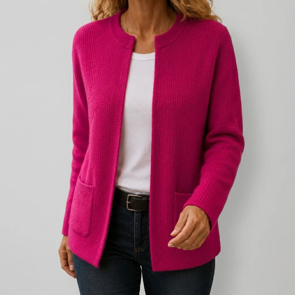 Women's Ribbed Black Cardigan with Split Neckline and Patch Pockets 4