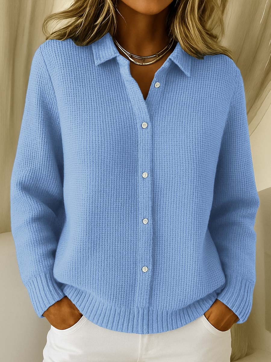 Women's Ribbed Button-Up Cardigan with Shirt Collar 0
