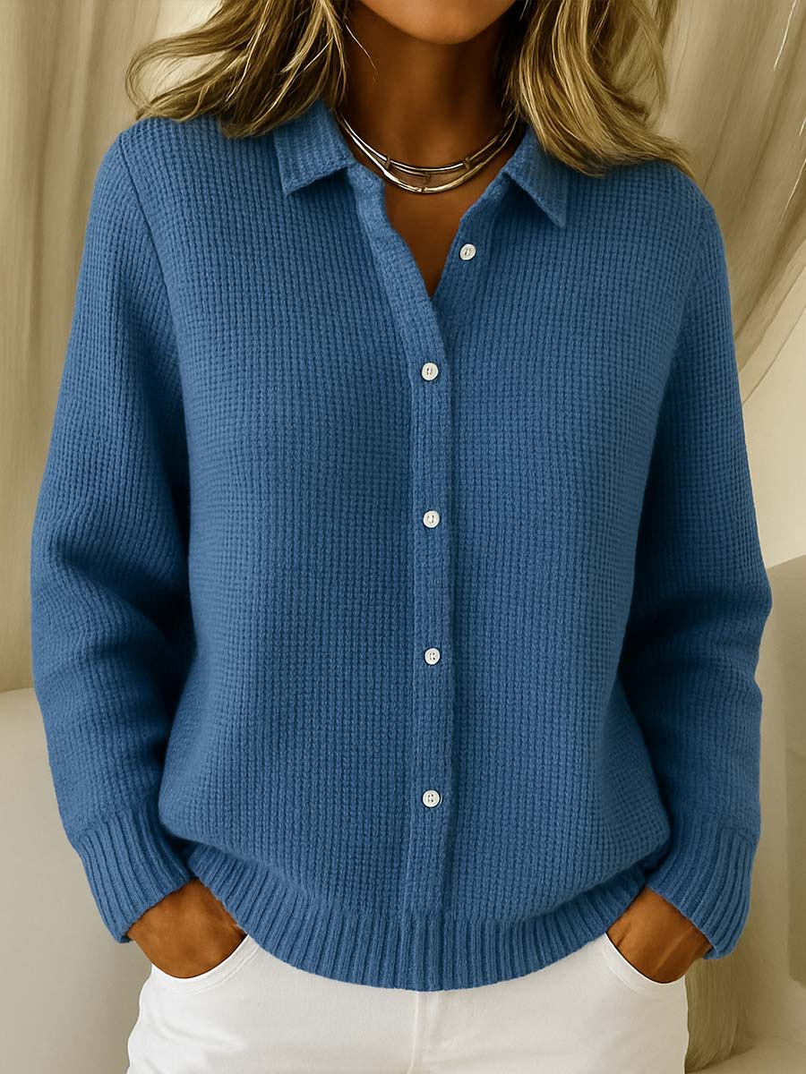 Women's Ribbed Button-Up Cardigan with Shirt Collar 1