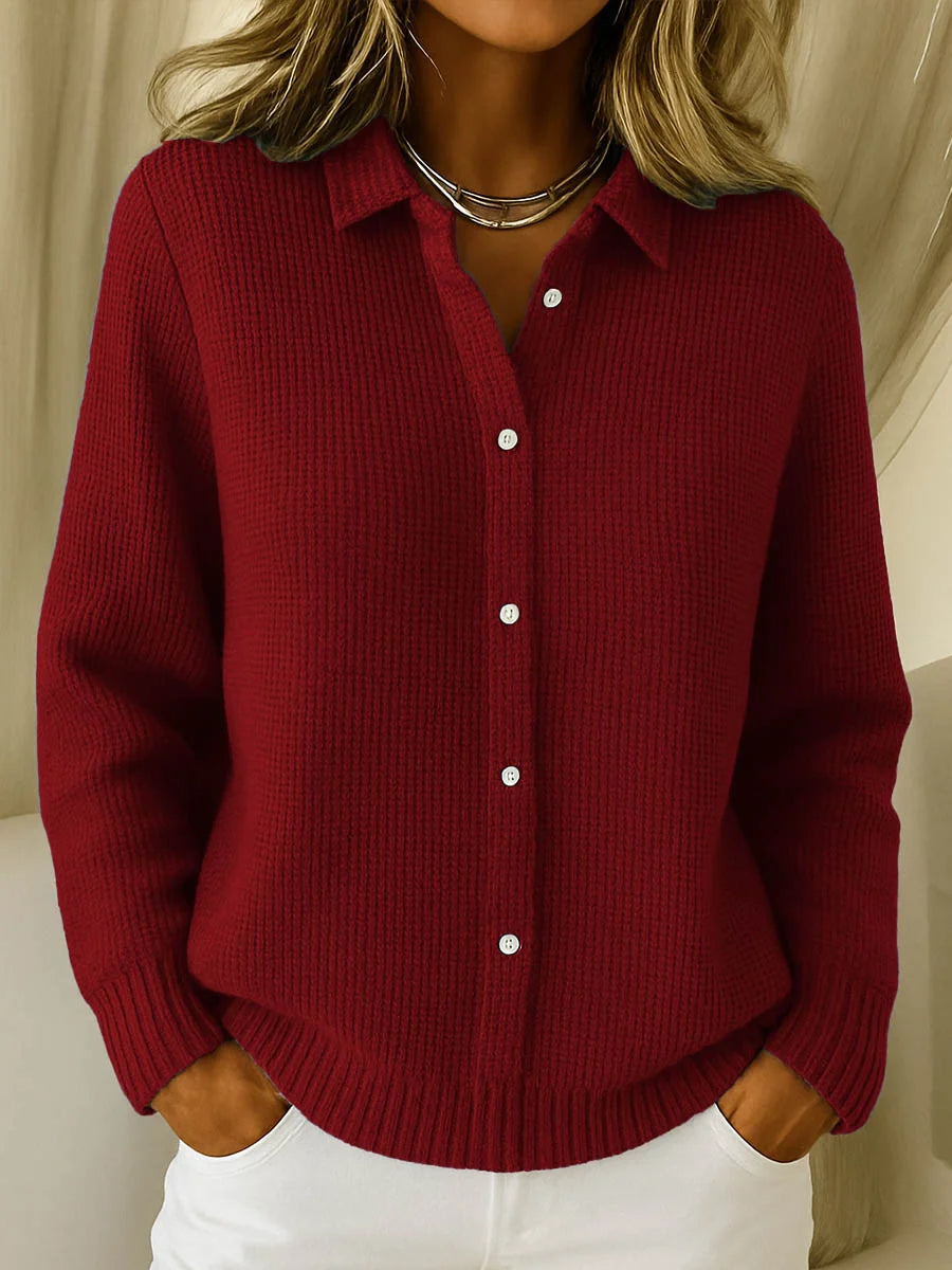 Women's Ribbed Button-Up Cardigan with Shirt Collar 3