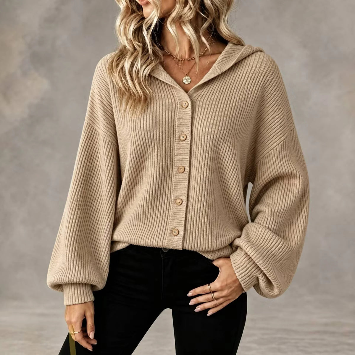 Women's Ribbed Hooded Button-Front Cardigan with Balloon Sleeves 0