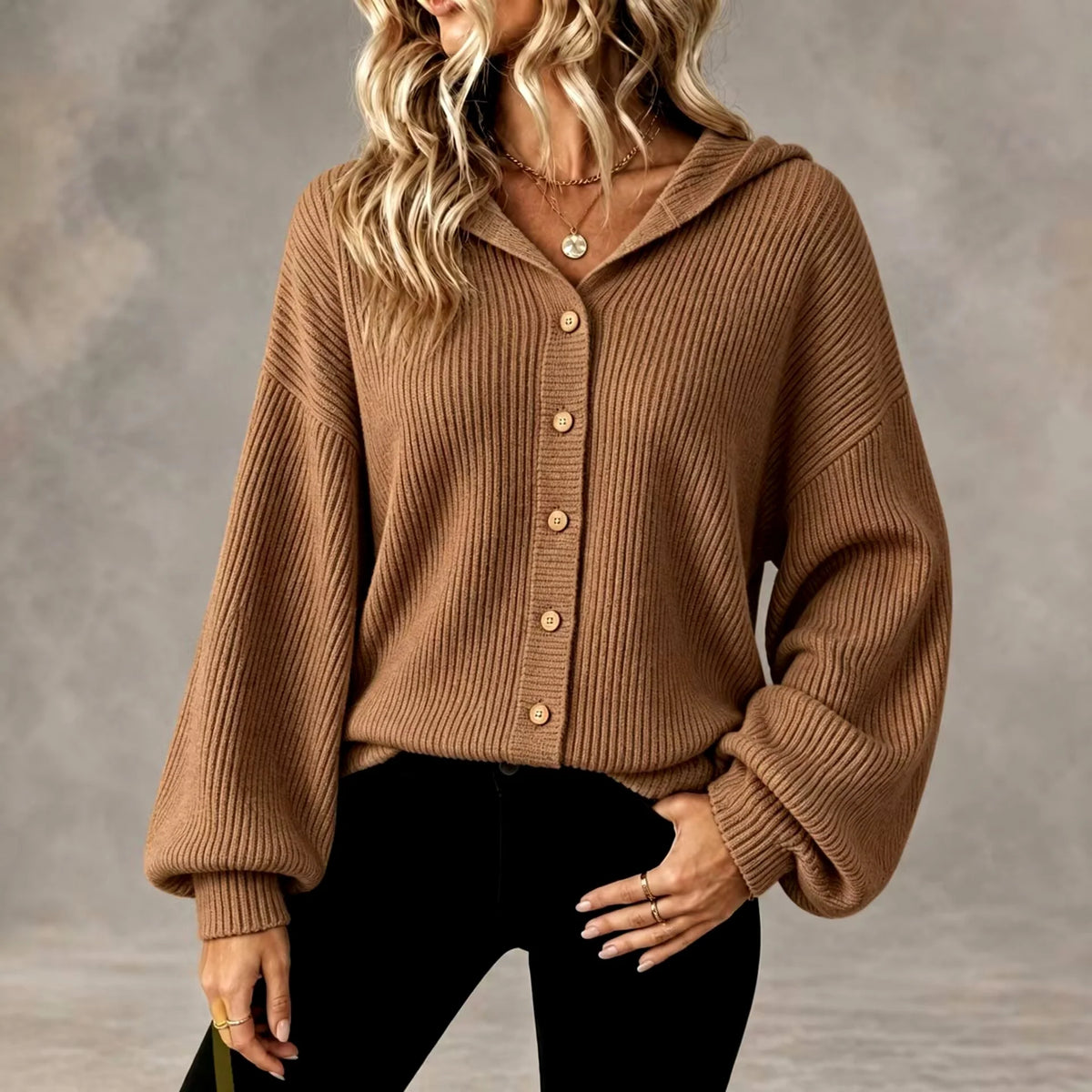 Women's Ribbed Hooded Button-Front Cardigan with Balloon Sleeves 2