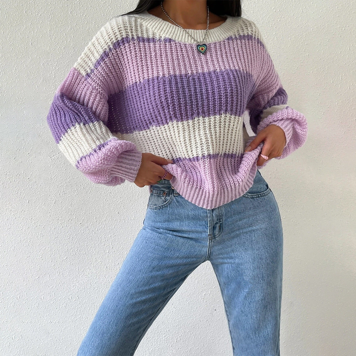 Women’s Striped Knit Pullover Sweater with Relaxed Fit 0