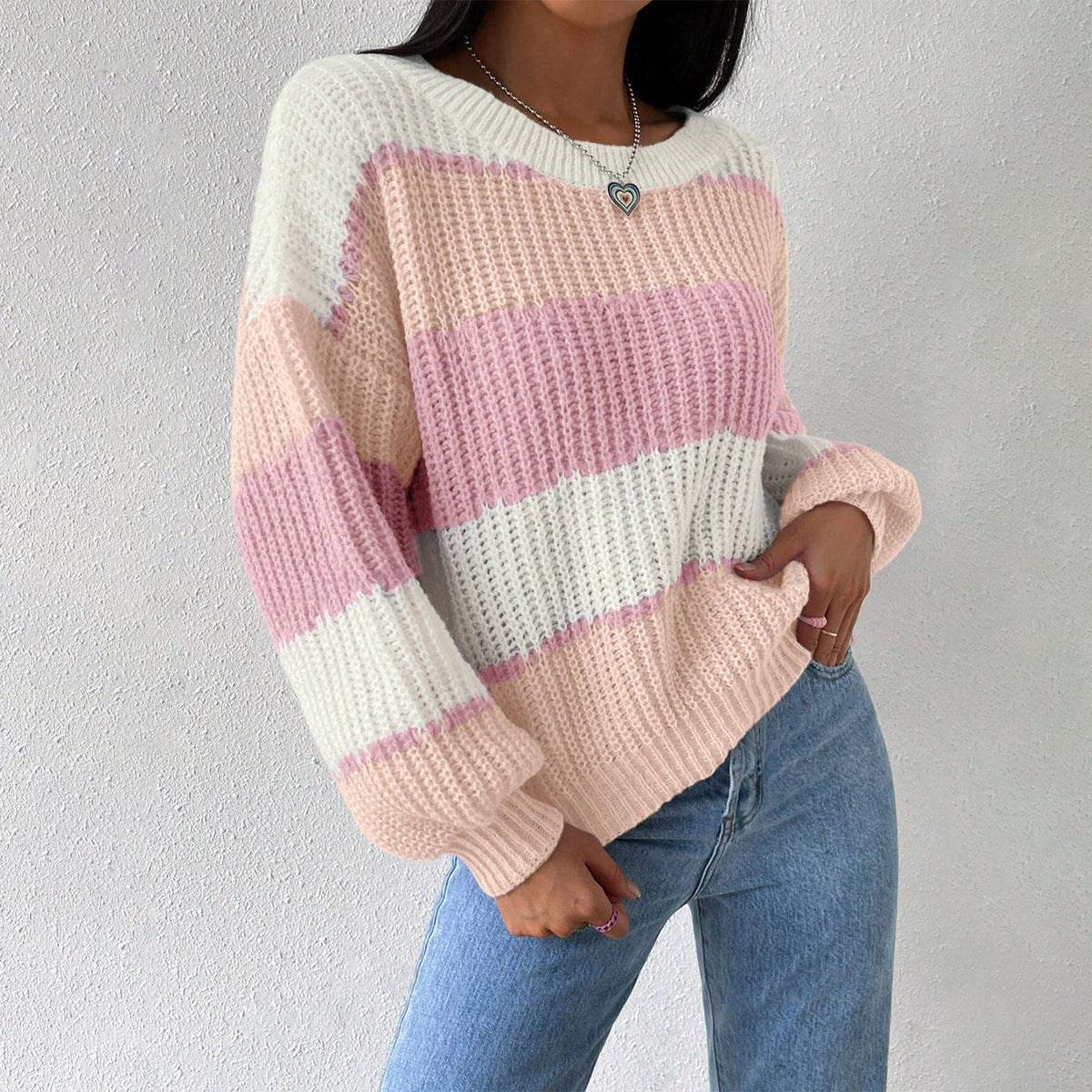 Women’s Striped Knit Pullover Sweater with Relaxed Fit 1