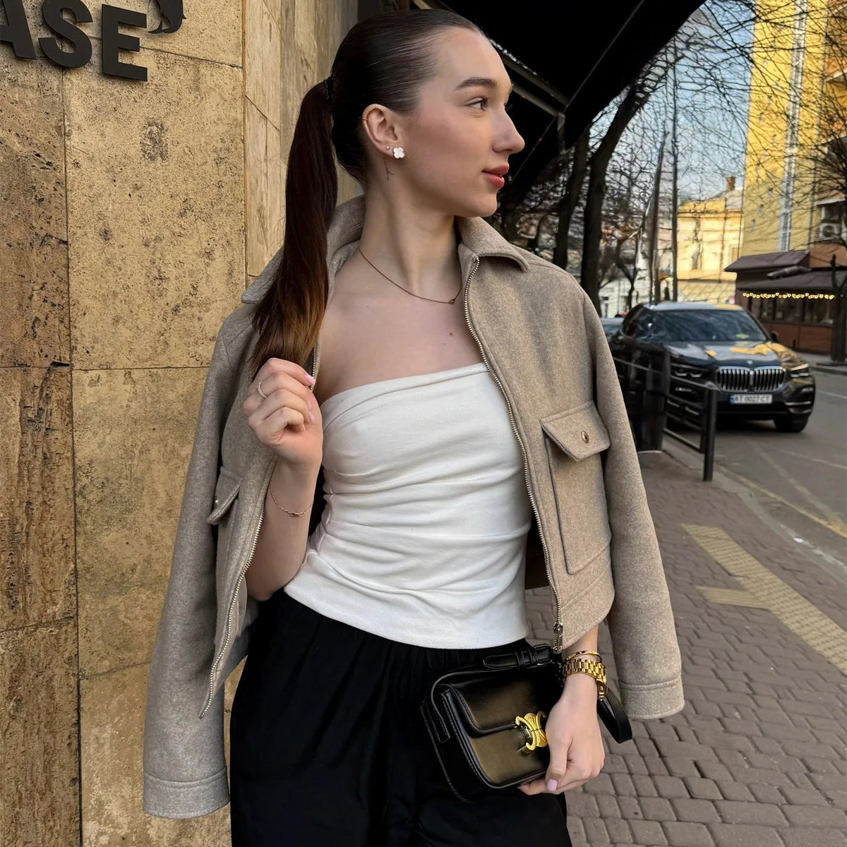 Women’s Tailored Wool Bomber Jacket with Zipper Closure 1