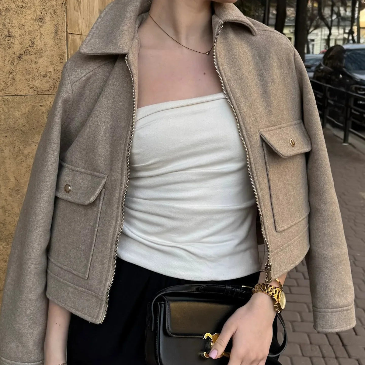 Women’s Tailored Wool Bomber Jacket with Zipper Closure 2