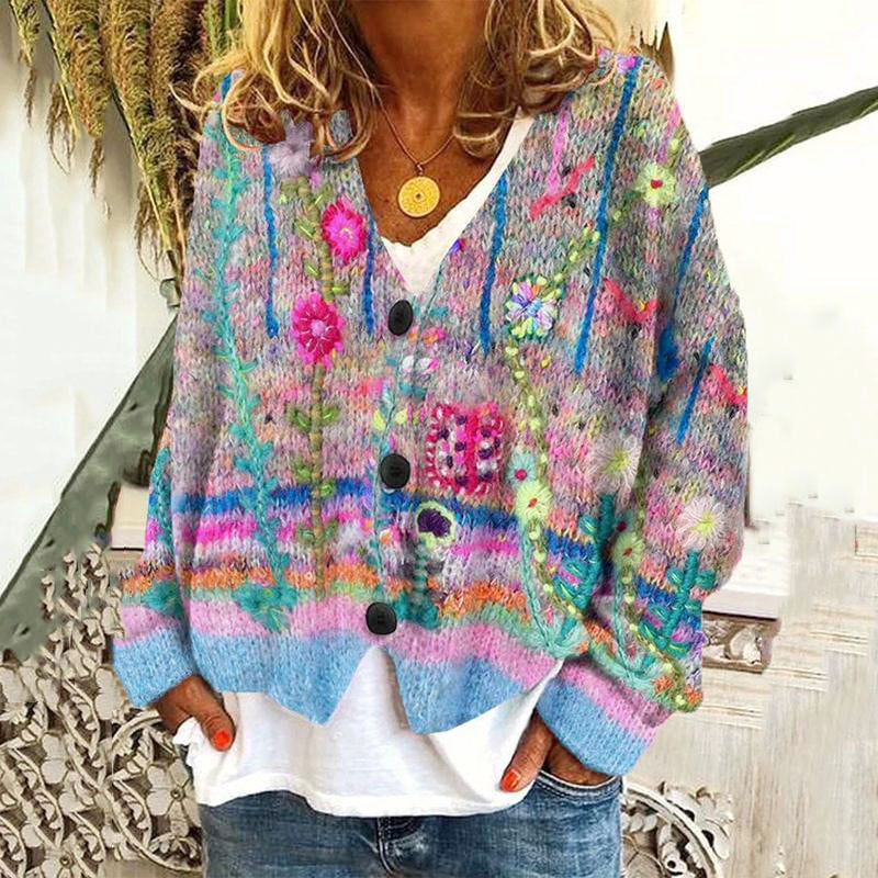Women's V-Neck Embroidered Knit Cardigan with Relaxed Fit 0