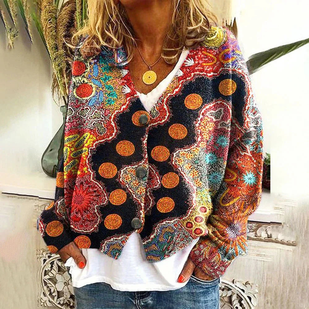 Women's V-Neck Embroidered Knit Cardigan with Relaxed Fit 1