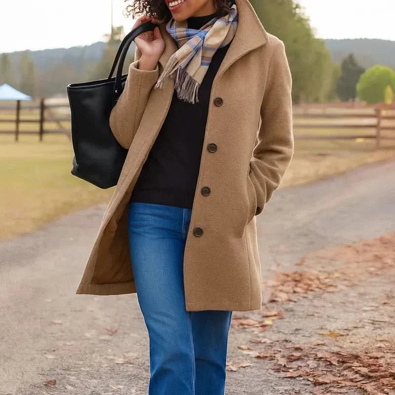 Women's Wool Trench Coat with Button Closure - Straight Fit for Winter 0