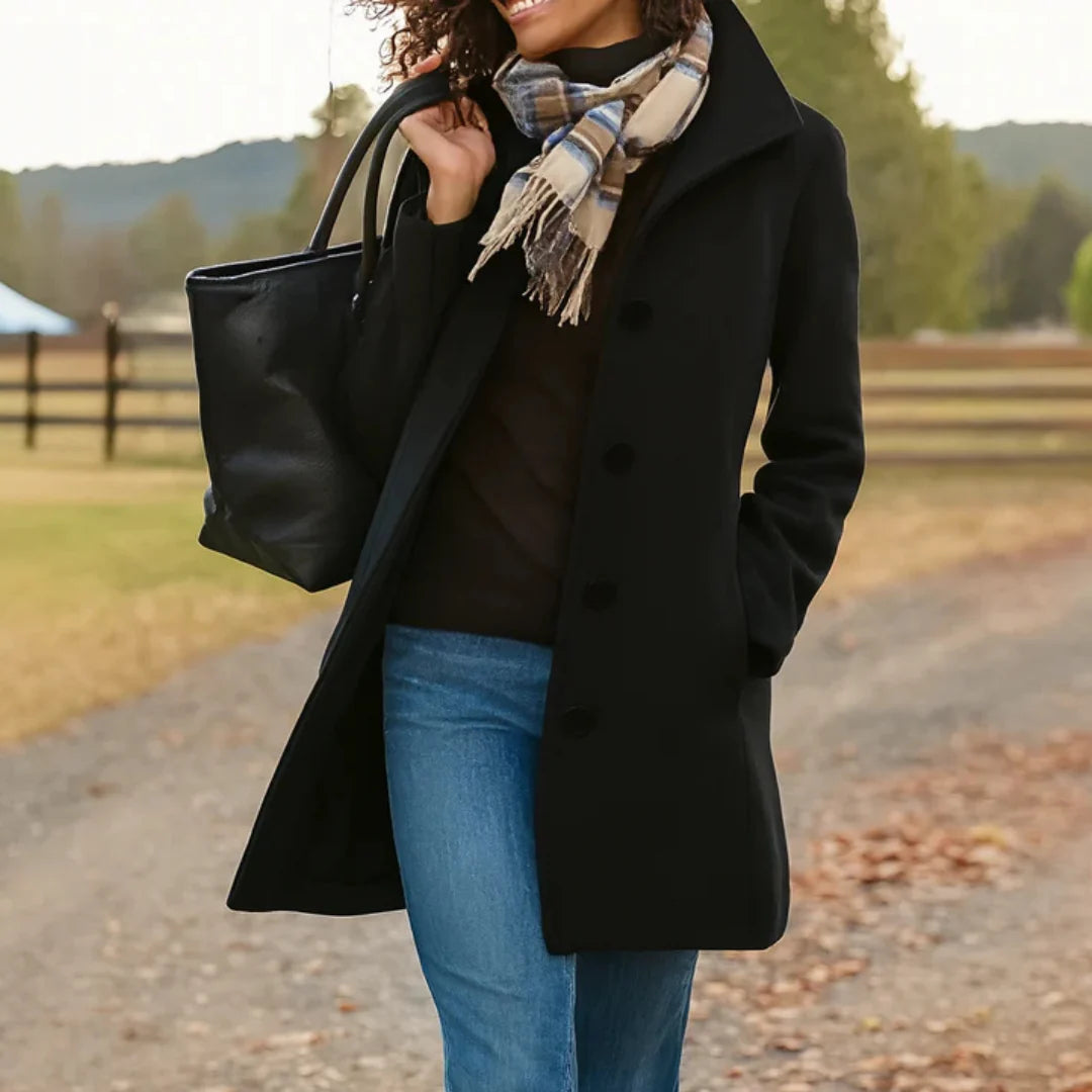 Women's Wool Trench Coat with Button Closure - Straight Fit for Winter 2