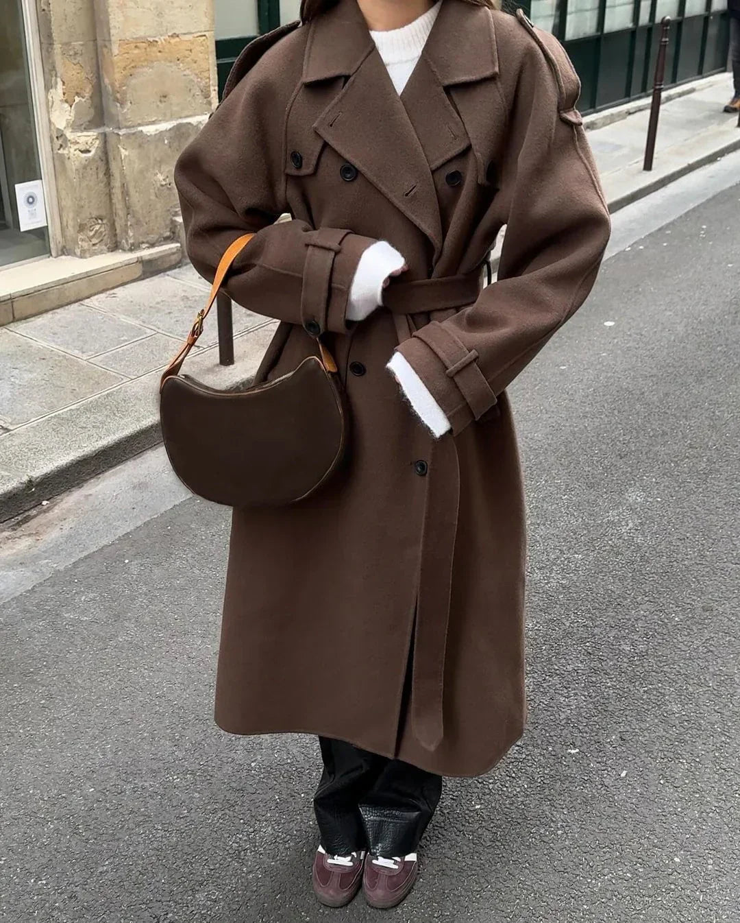 Wool Blend Black Trench Coat for Women with Adjustable Waist Belt 0