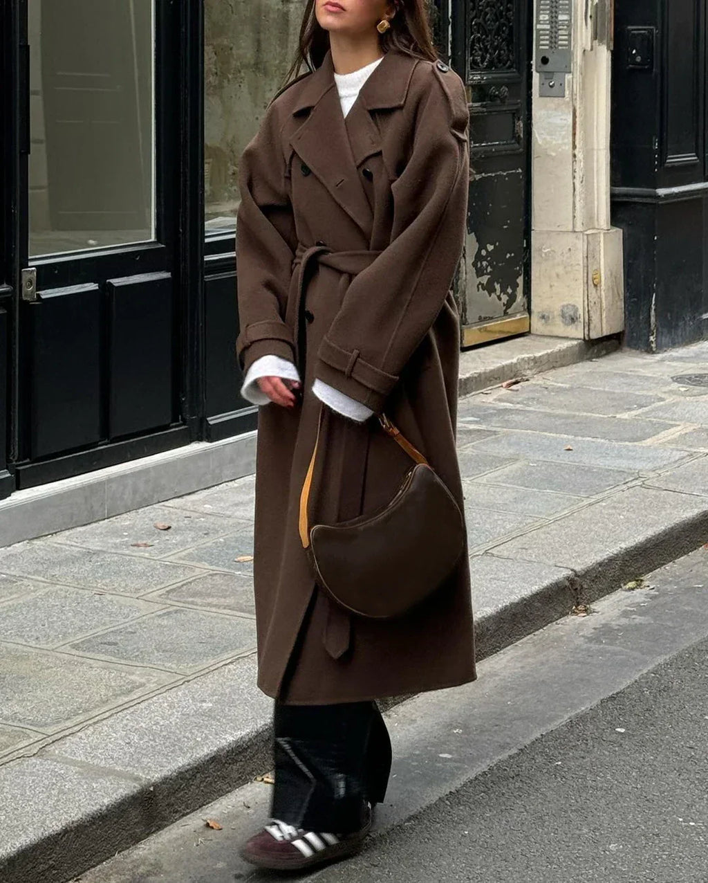 Wool Blend Black Trench Coat for Women with Adjustable Waist Belt 1