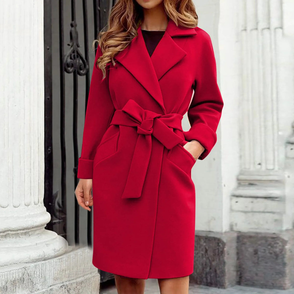 Wool Midi Trench Coat with Classic Lapel Collar 0