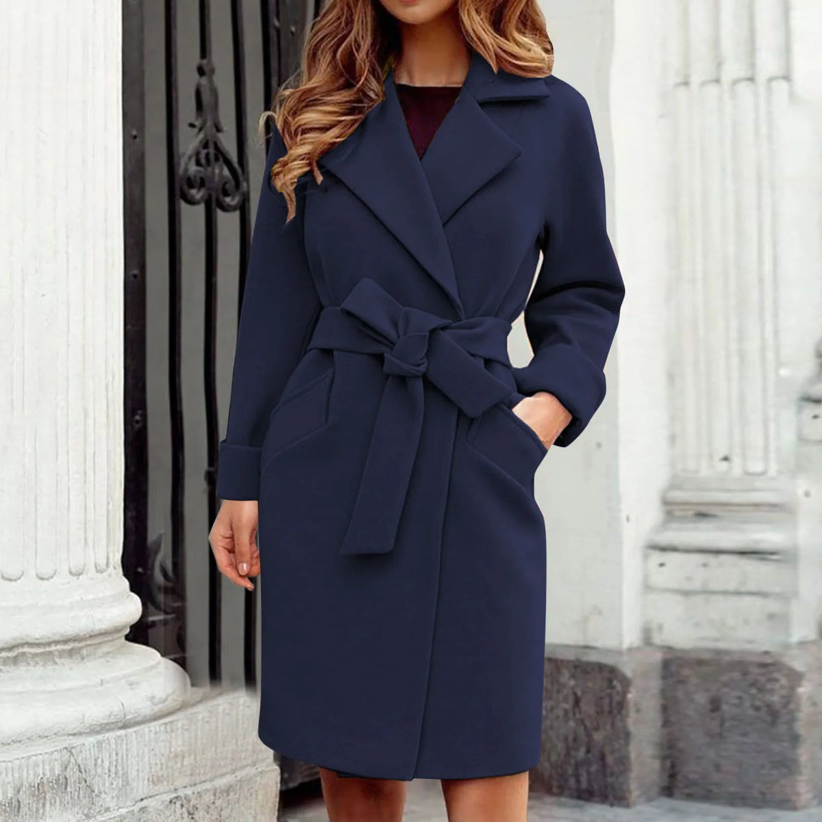 Wool Midi Trench Coat with Classic Lapel Collar 7