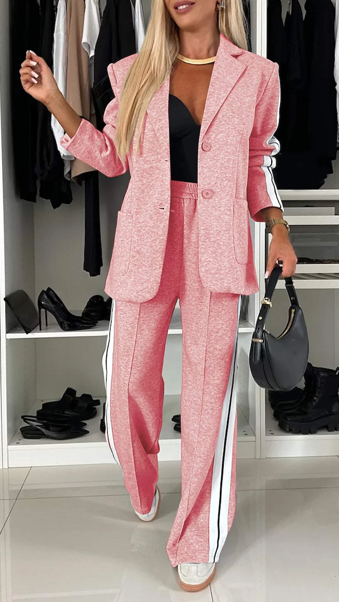 Knit Blazer and Striped Trousers Set