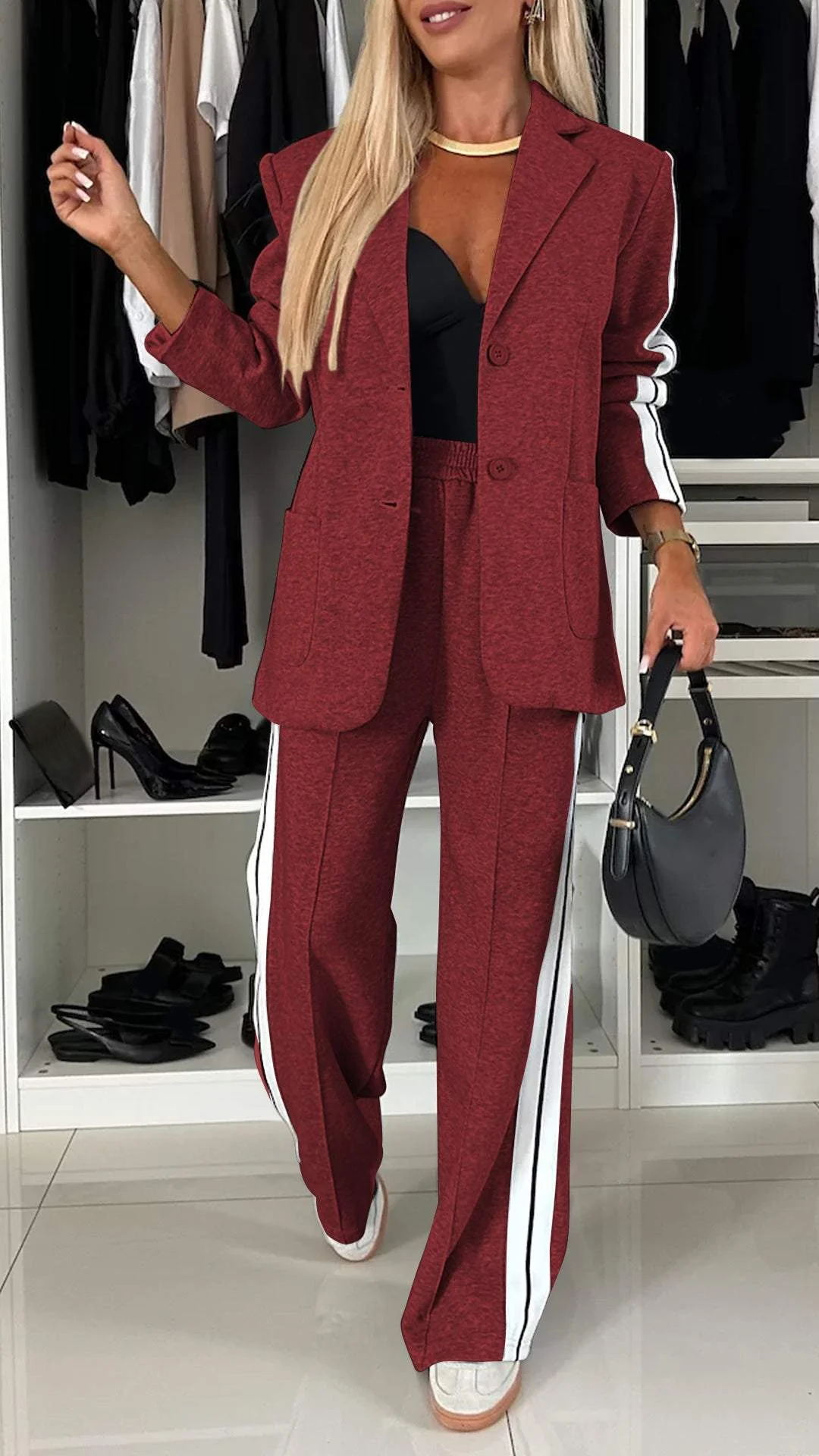 Knit Blazer and Striped Trousers Set