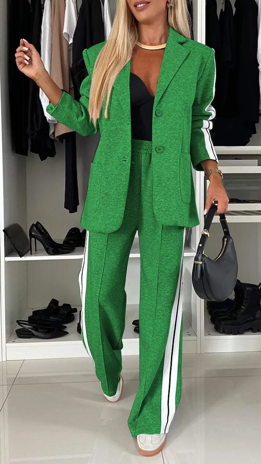 Knit Blazer and Striped Trousers Set