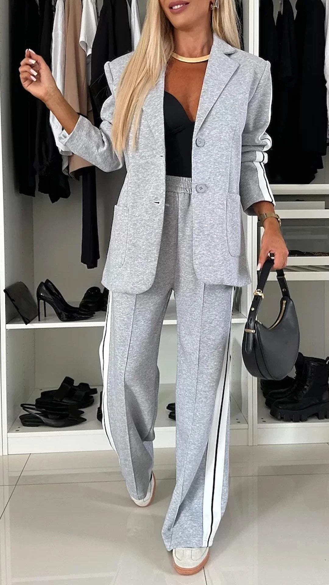 Knit Blazer and Striped Trousers Set