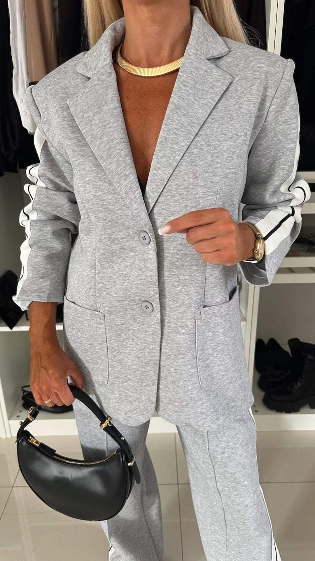 Knit Blazer and Striped Trousers Set