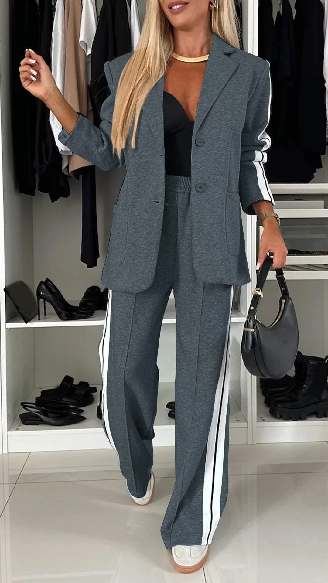 Knit Blazer and Striped Trousers Set