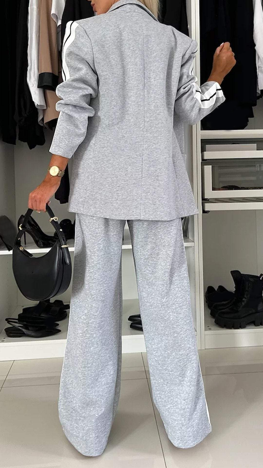 Knit Blazer and Striped Trousers Set