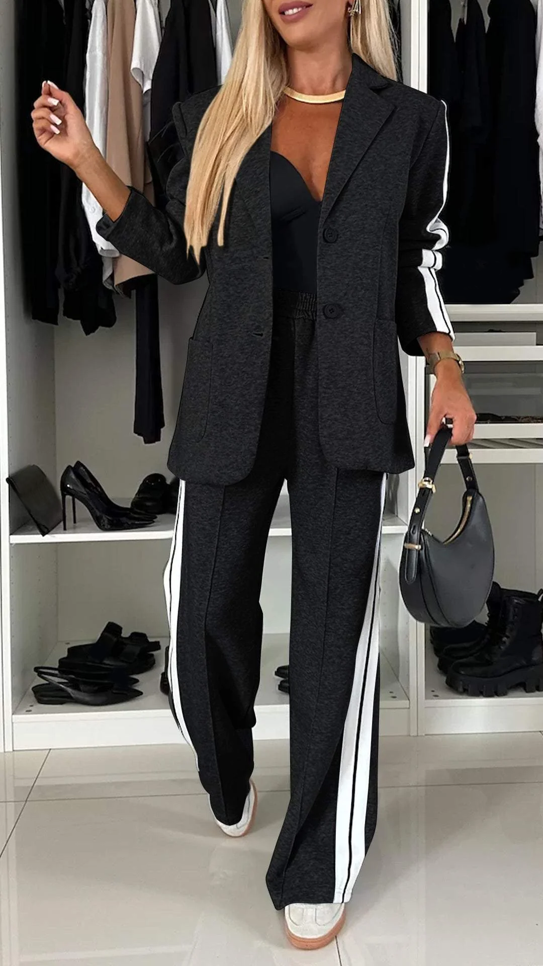Knit Blazer and Striped Trousers Set