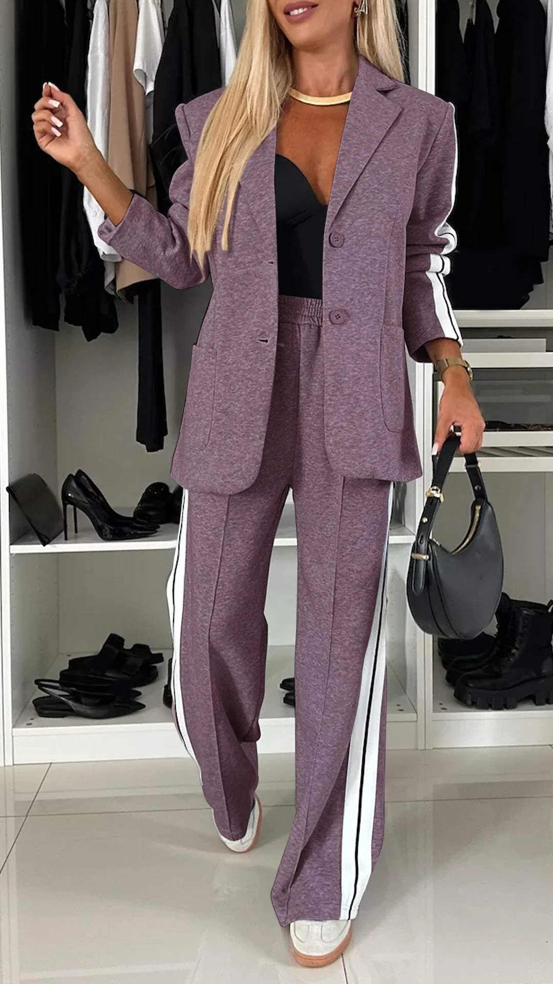 Knit Blazer and Striped Trousers Set