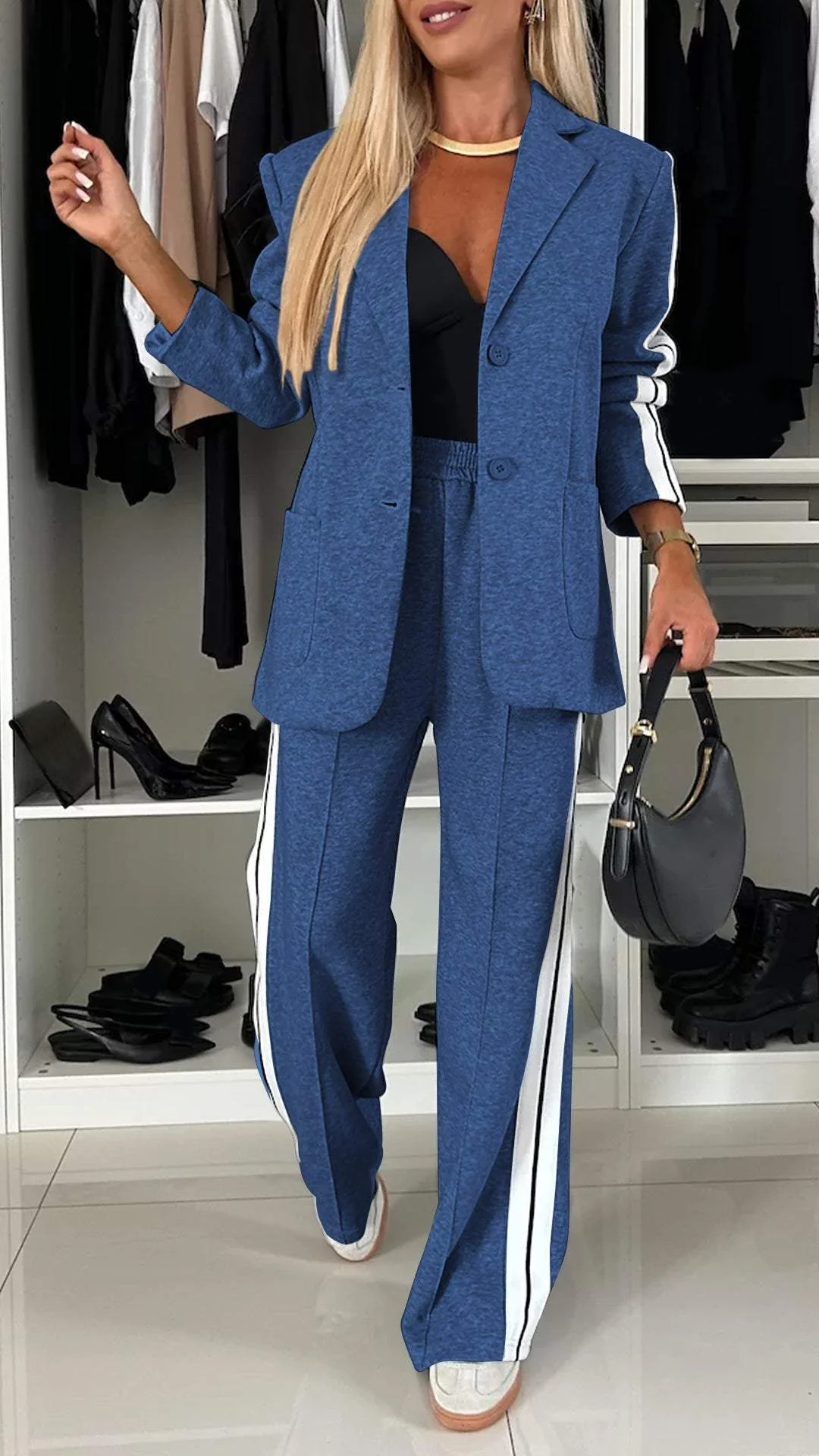 Knit Blazer and Striped Trousers Set