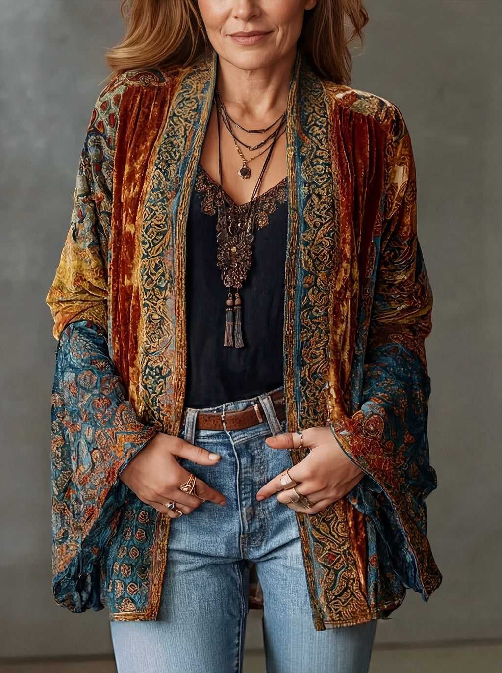 Printed Velvet Kimono Jacket