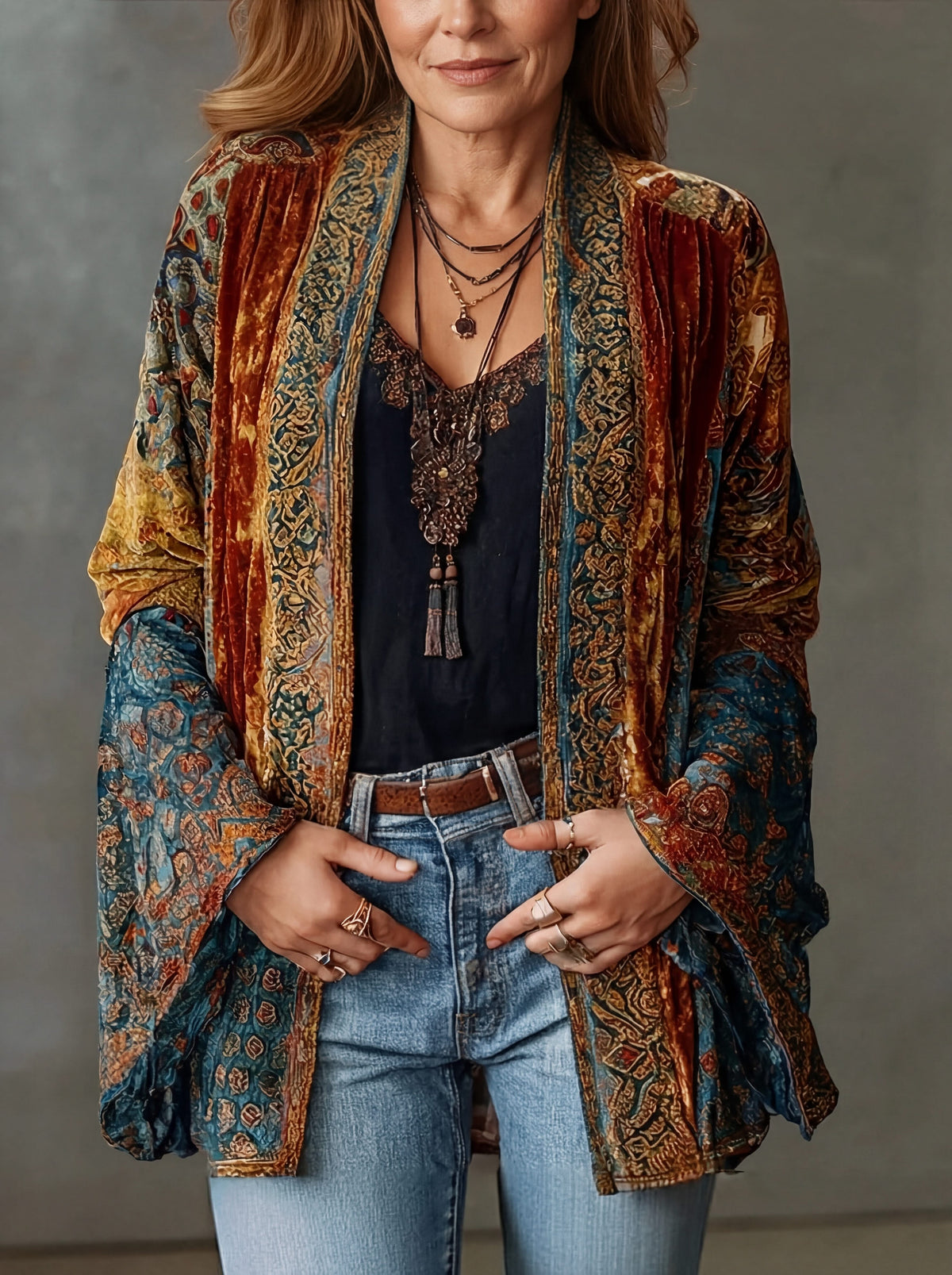 Printed Velvet Kimono Jacket