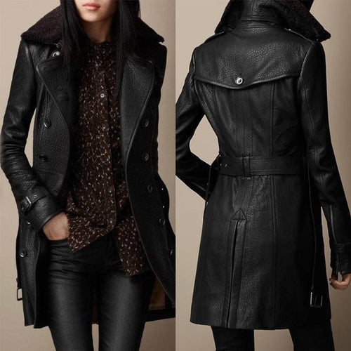 Leather-Look Coat with Plush Collar